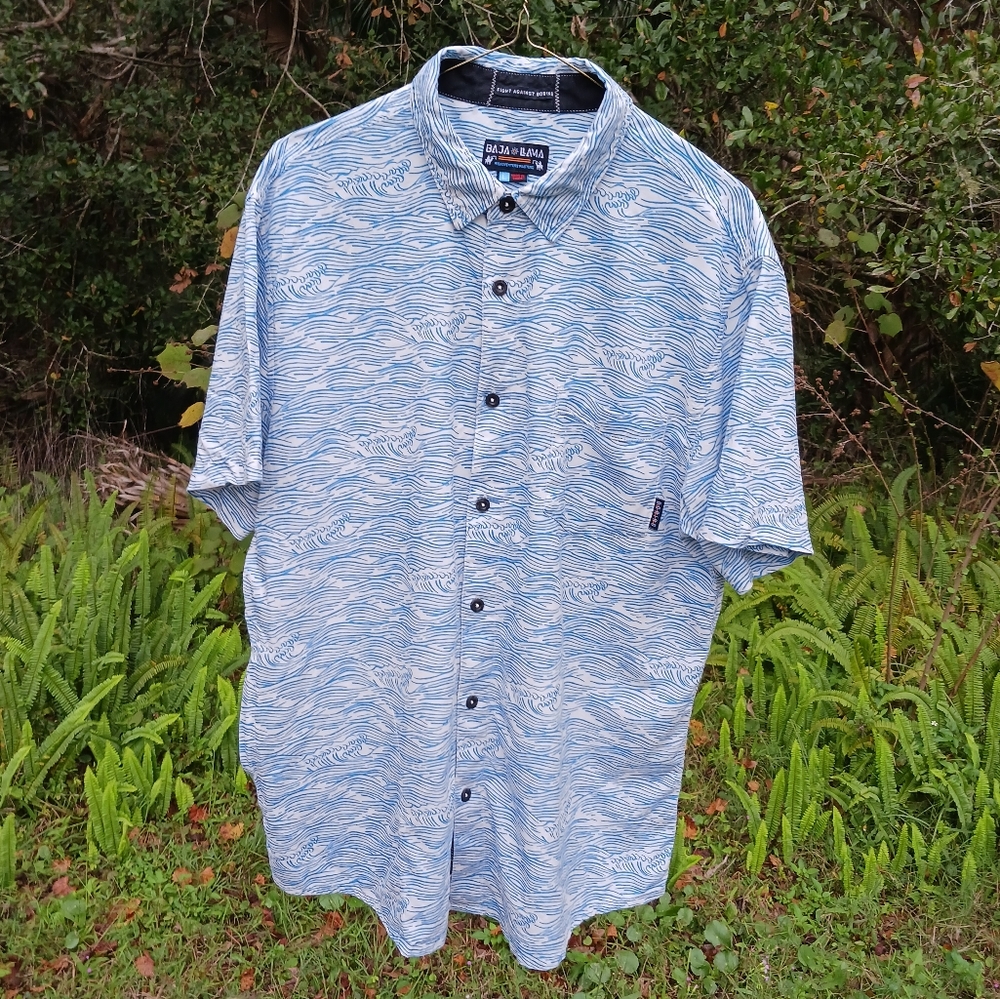 BAJA LLAMA Roll Tides Light Blue 7-Seas Ocean Wave Print Mens Large Button Shirt